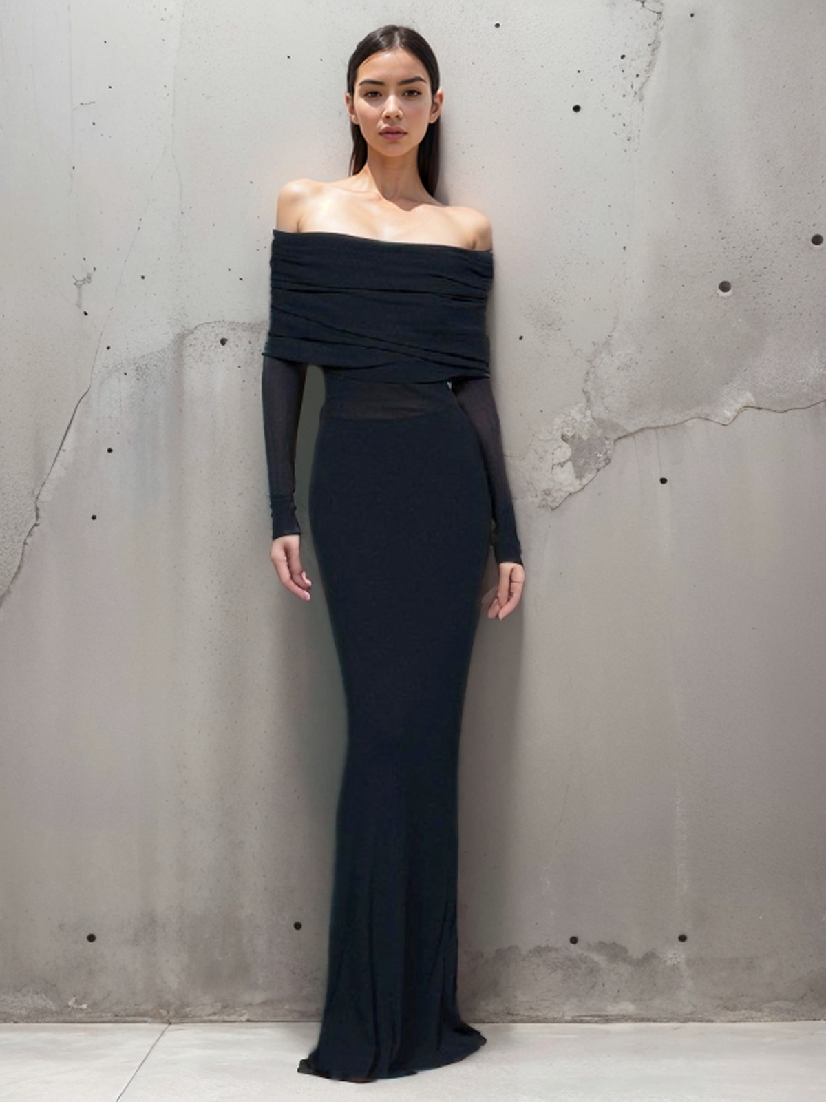 Halbtransparentes, schulterfreies, langärmliges Netzkleid