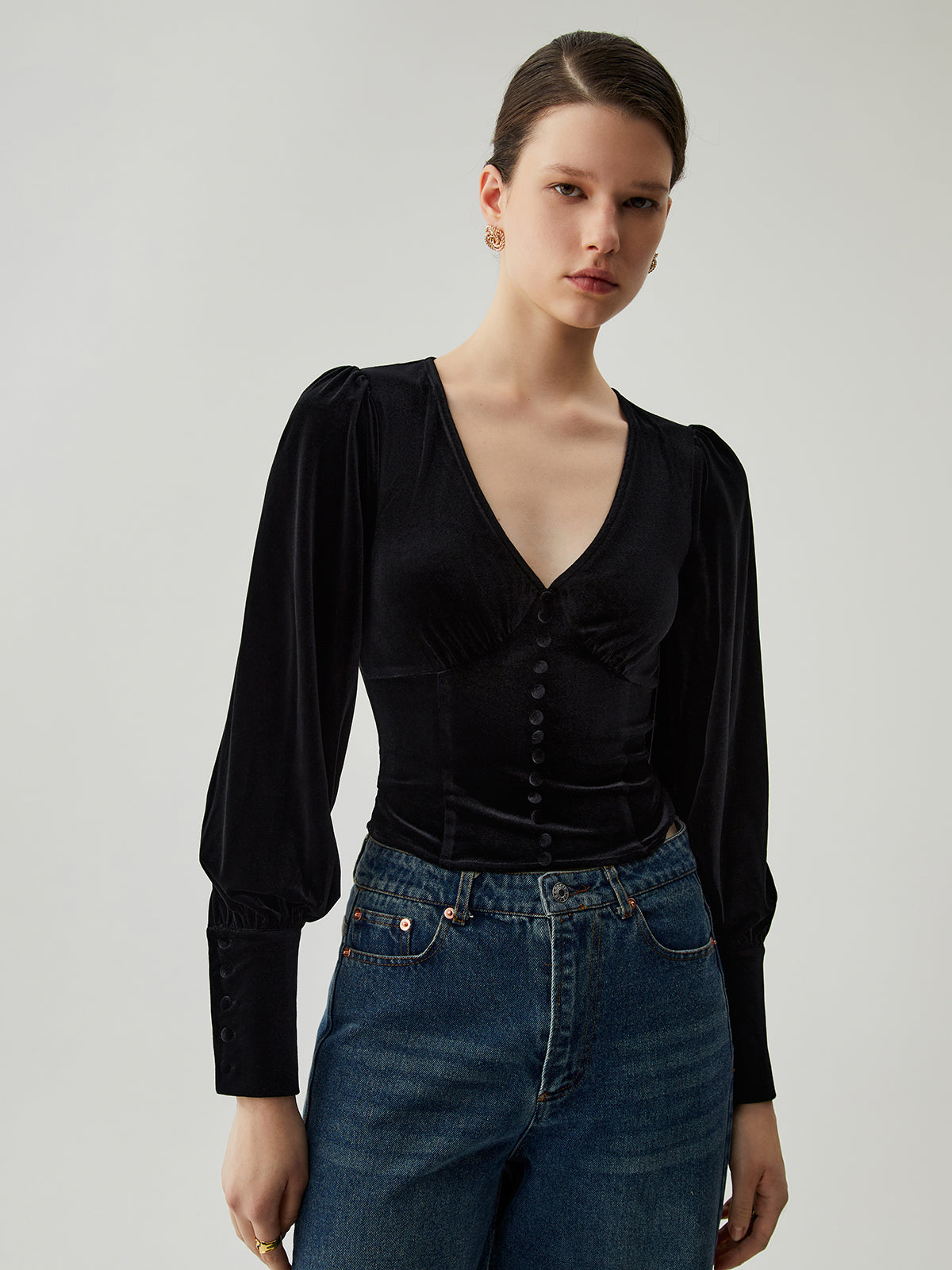 Sammetsknappad V-ringad långärmad Crop Top