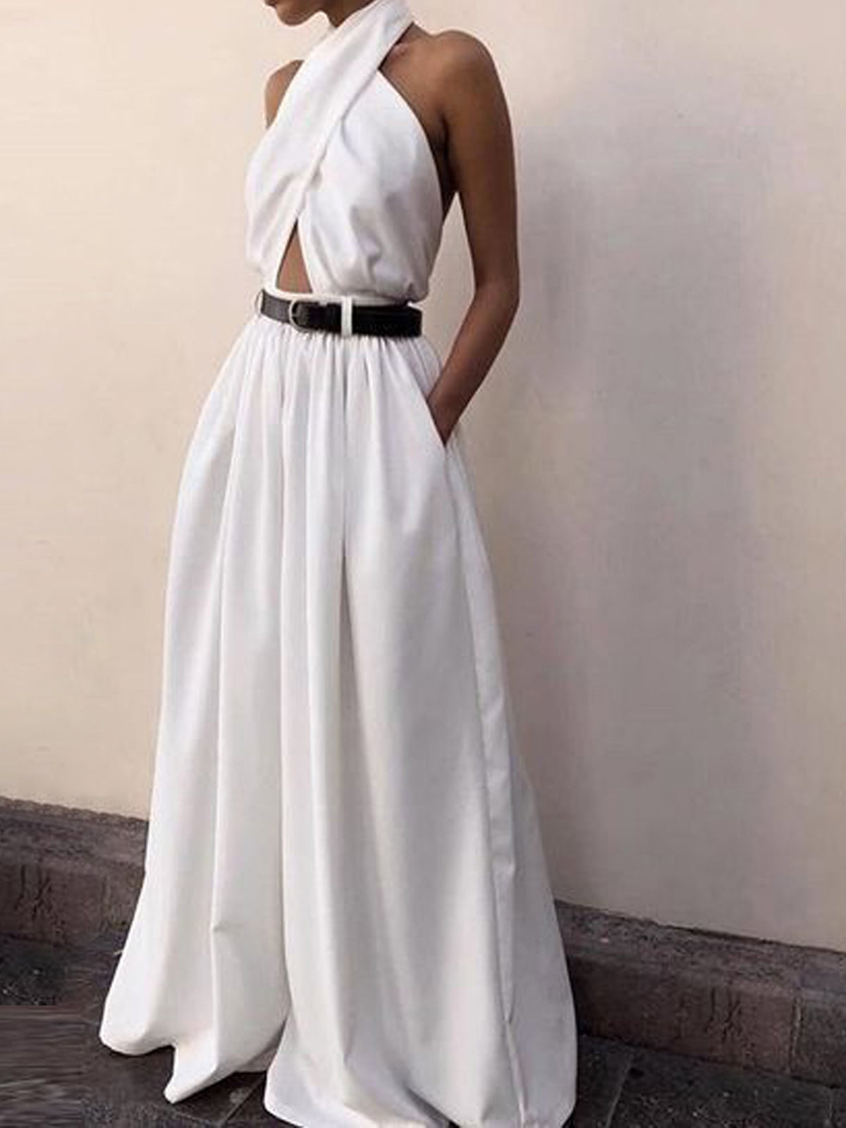 Criss Cross Halter Backless Jumpsuit Utan Bälte