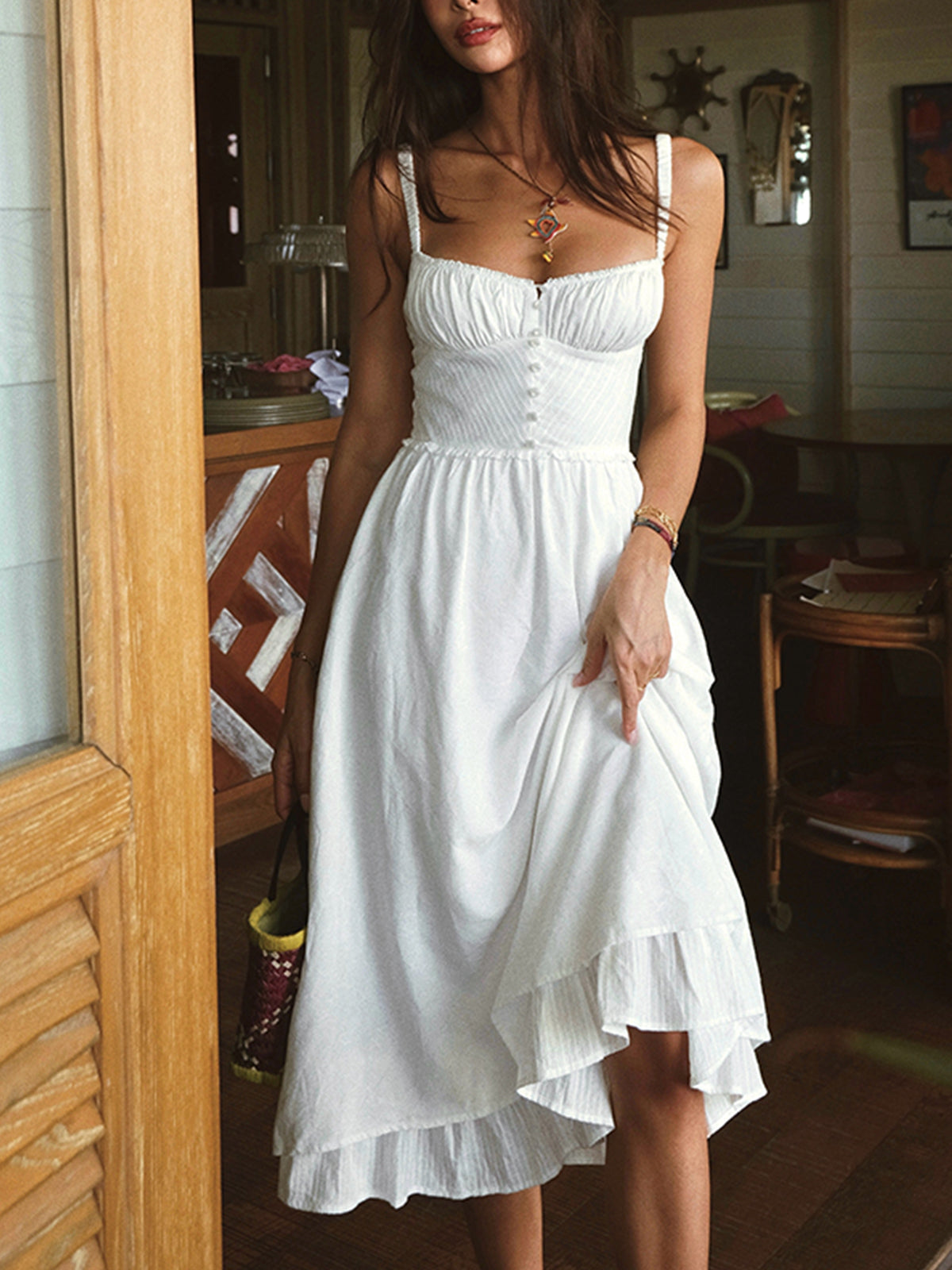 Schlichtes Camisole-Midikleid mit Rüschensaum