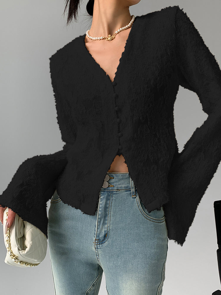 Semi-Sheer V-Neck Ruffle Long Sleeve Blouse