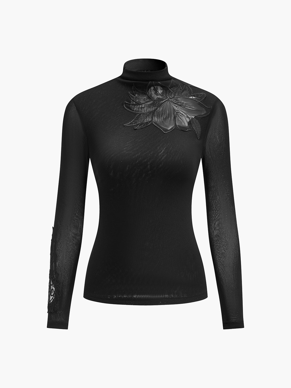Halvtransparent mesh-blommig smal jerseytopp