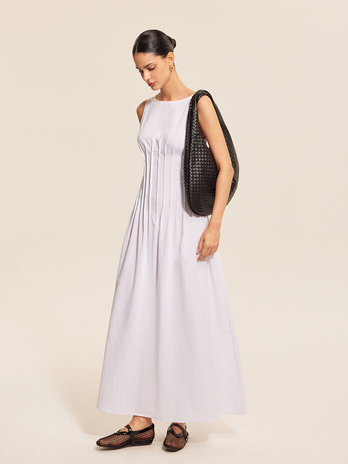 Ärmelloses Plissiertes Kleid aus Baumwolle und Leinen