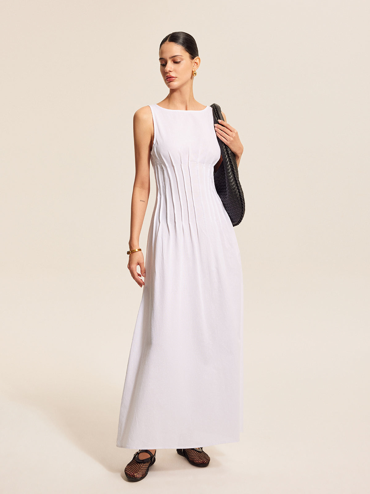 Ärmelloses Plissiertes Kleid aus Baumwolle und Leinen