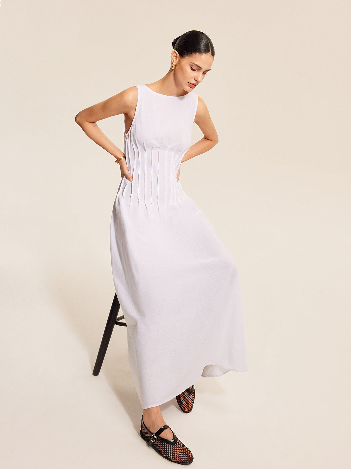 Ärmelloses Plissiertes Kleid aus Baumwolle und Leinen