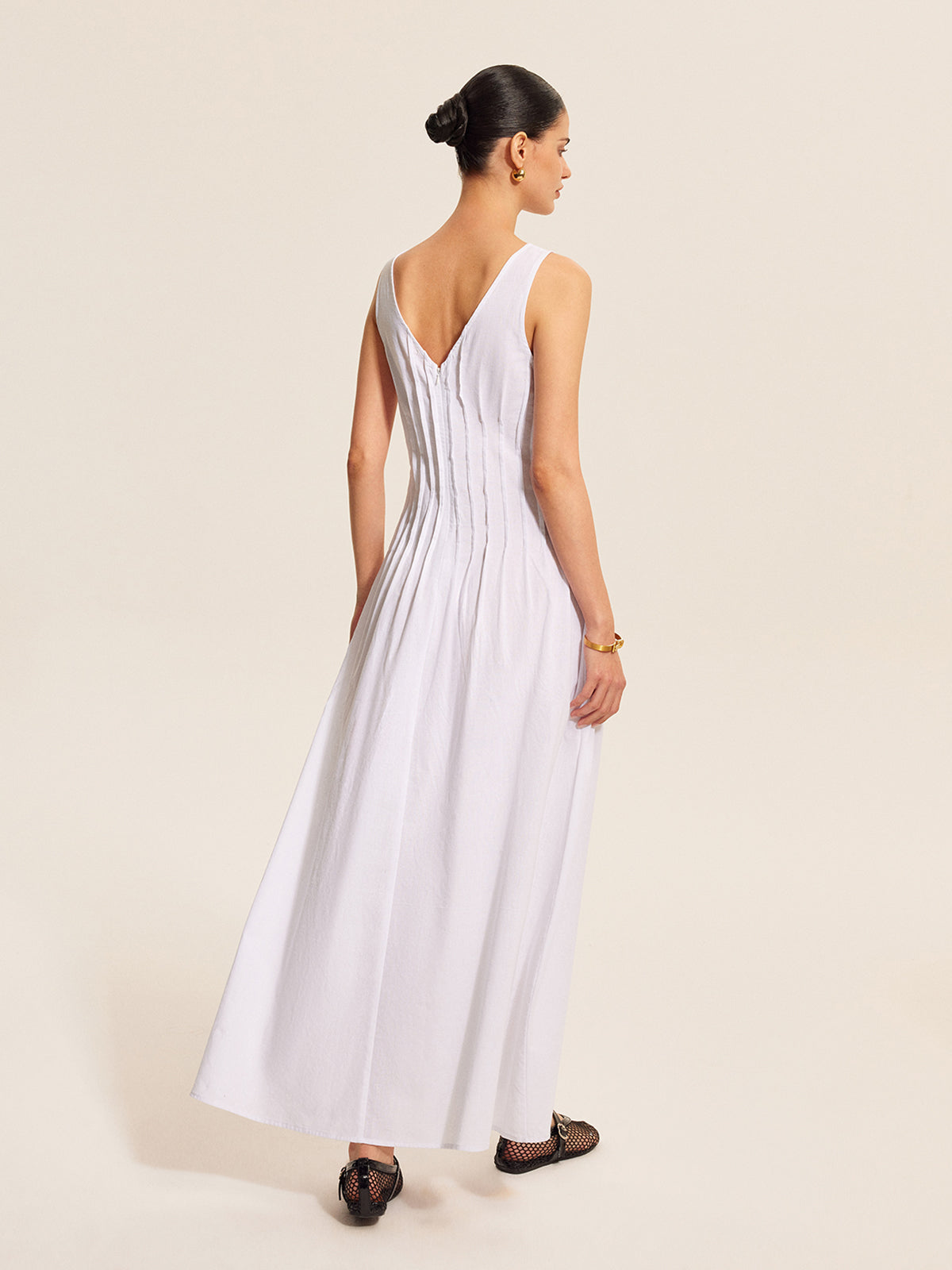 Ärmelloses Plissiertes Kleid aus Baumwolle und Leinen