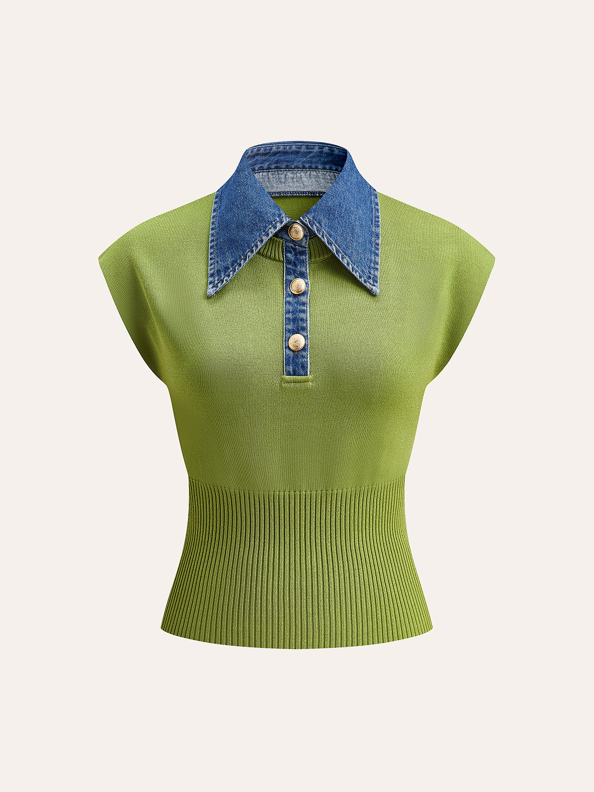 Denim Collar Ribbed Knit Top