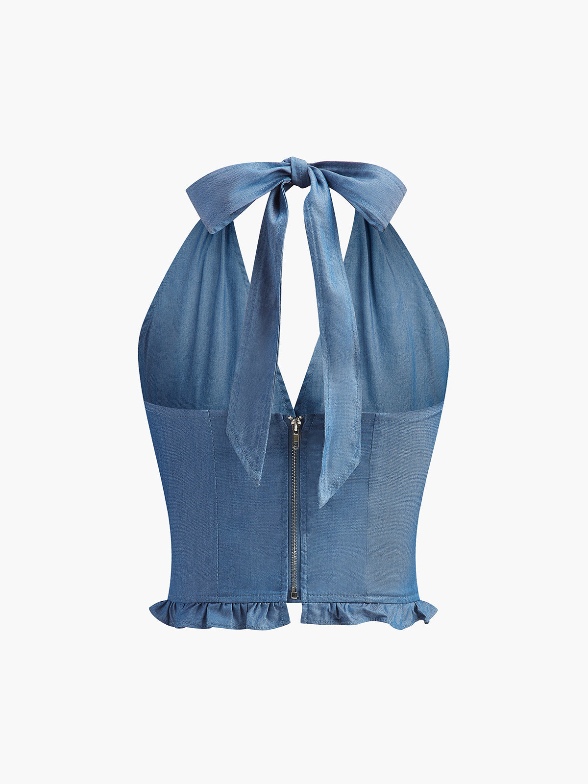 Denim halternecktopp med volangkant