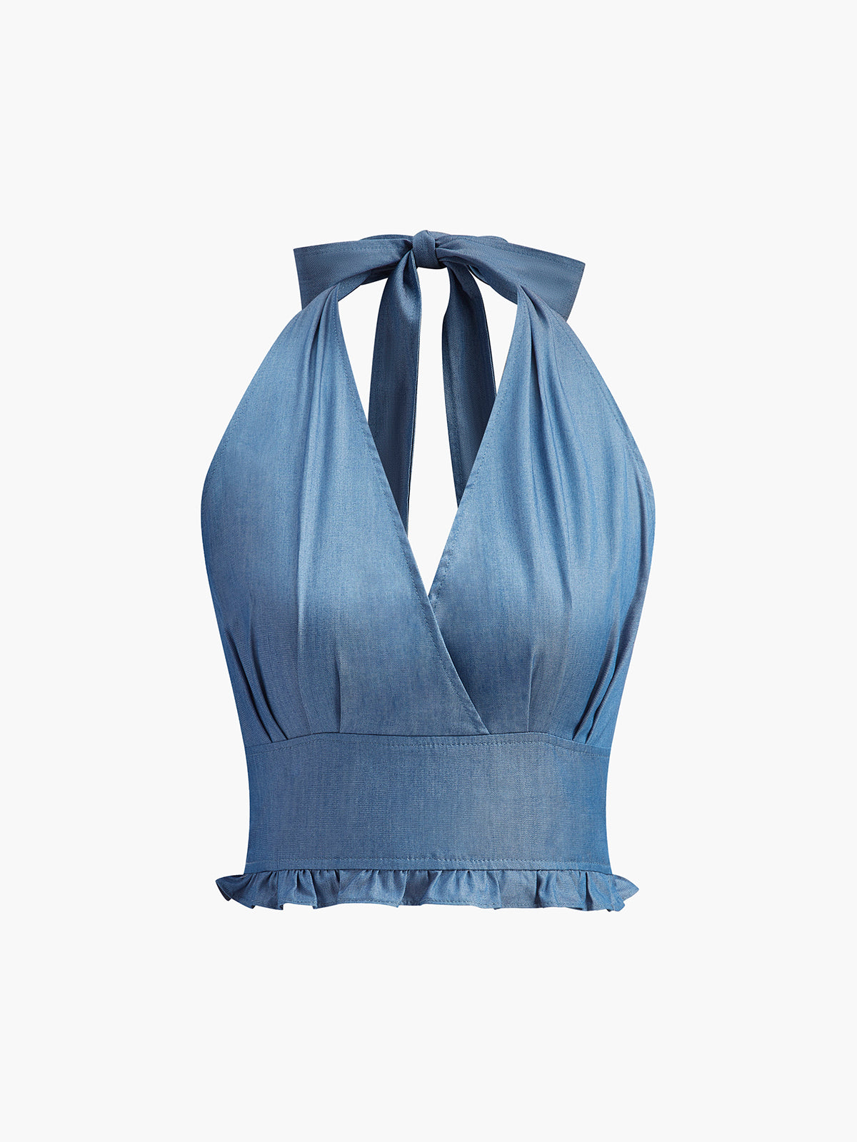 Denim halternecktopp med volangkant