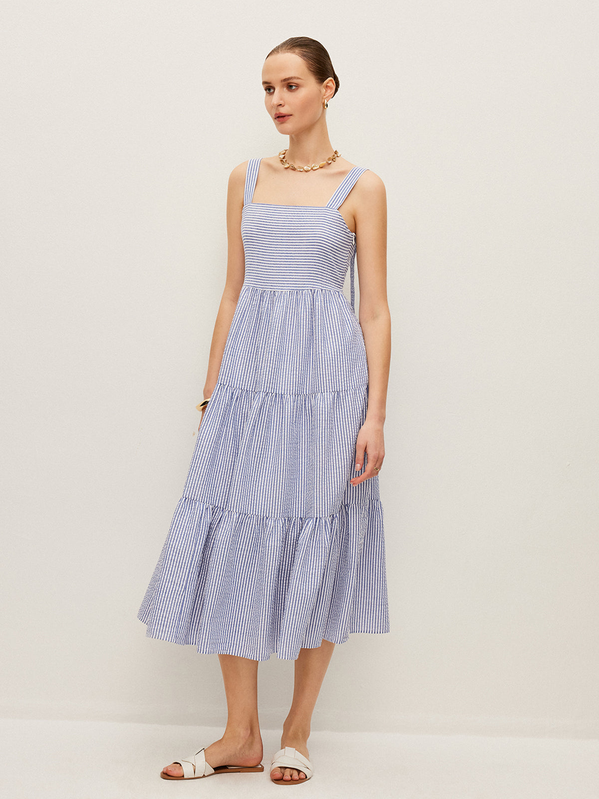 Striped Button-Detail Sleeveless Dress