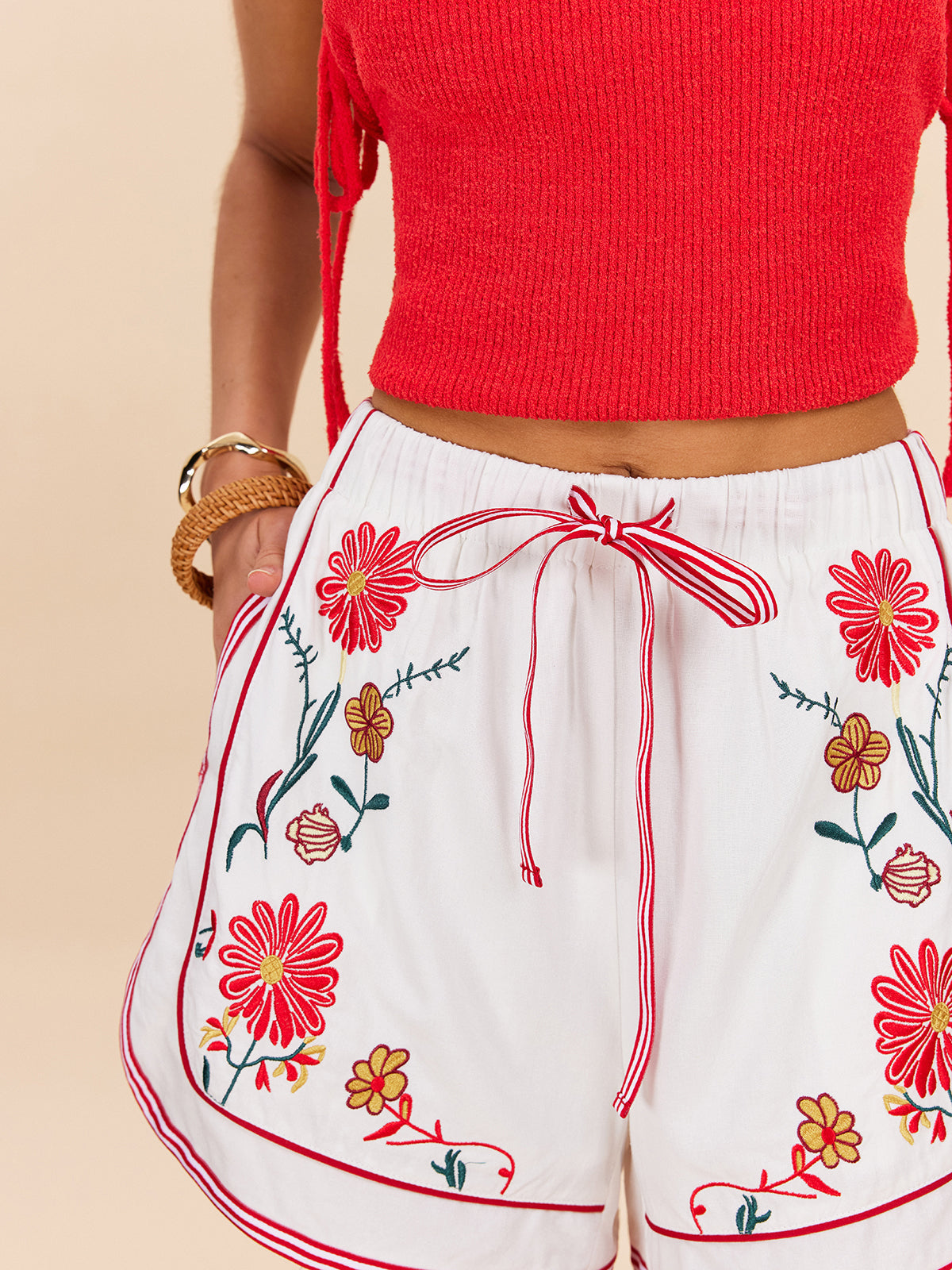 Shorts aus Baumwolle und Leinen mit Blumenstickerei und Kordelzug in der Taille