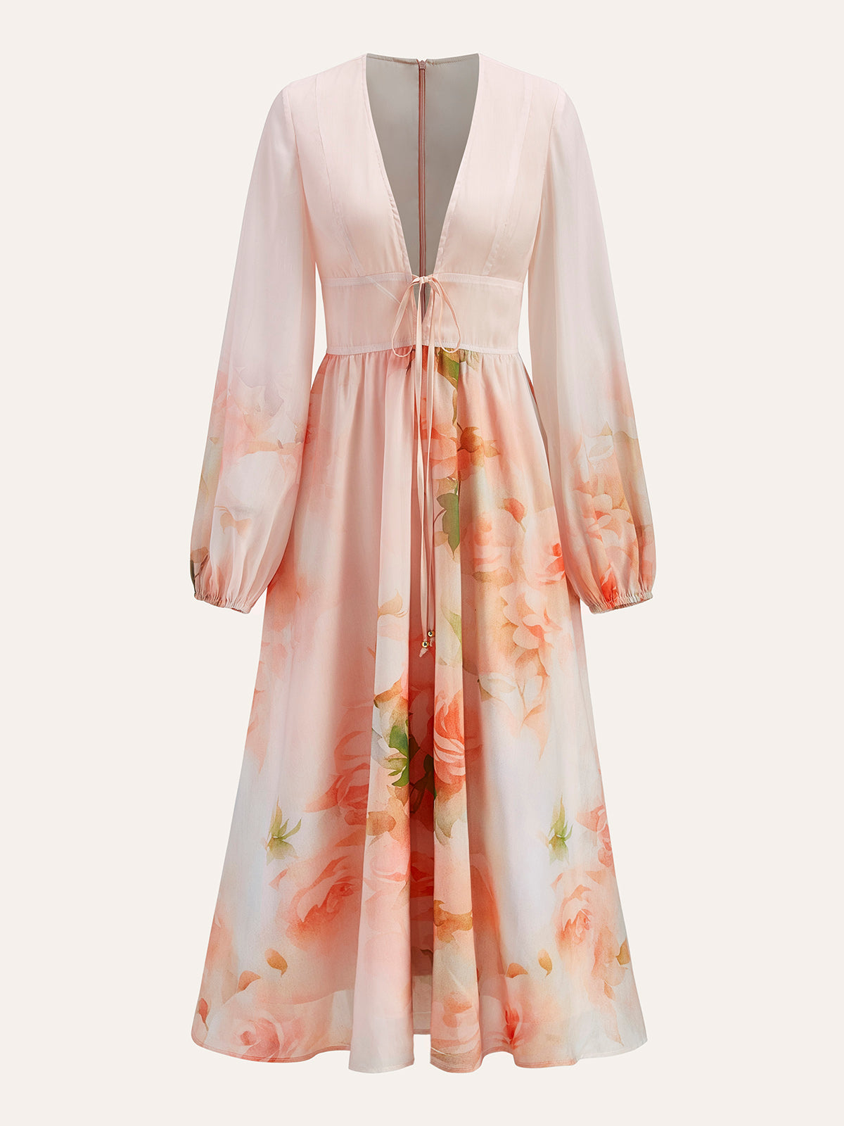 Halbtransparentes Kleid mit Ballonärmeln und Blumenmuster und Bindedetail