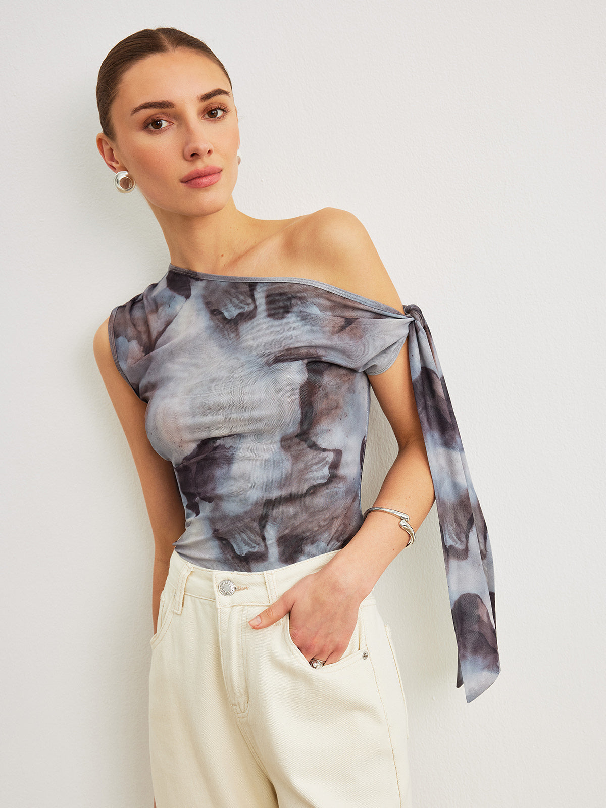 Boho Print Asymmetrisk Halsringning Mesh Draperad Blus