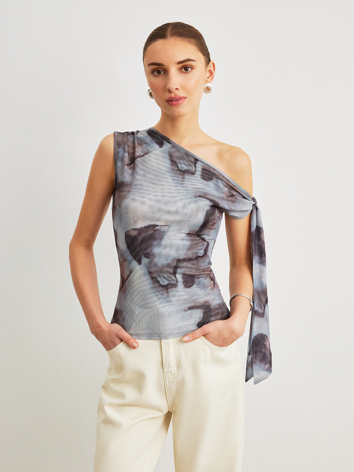 Boho Print Asymmetrisk Halsringning Mesh Draperad Blus