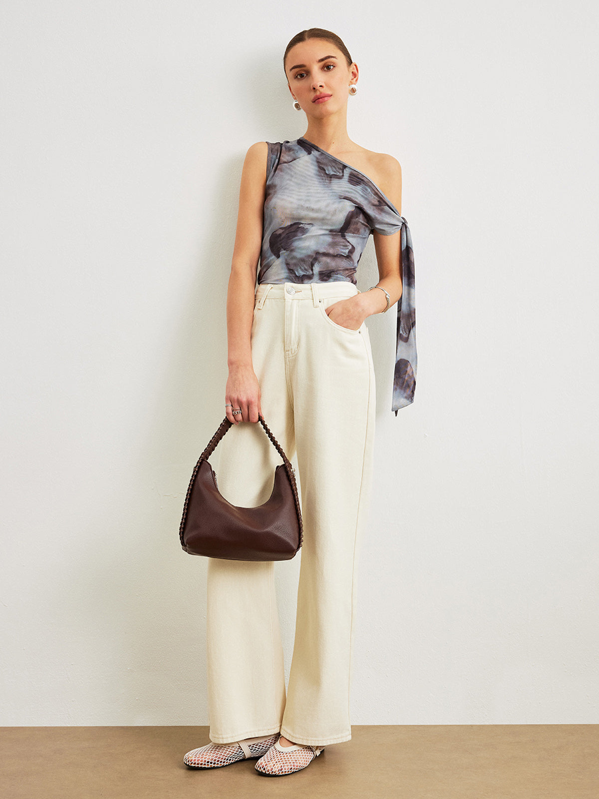 Boho Print Asymmetrisk Halsringning Mesh Draperad Blus