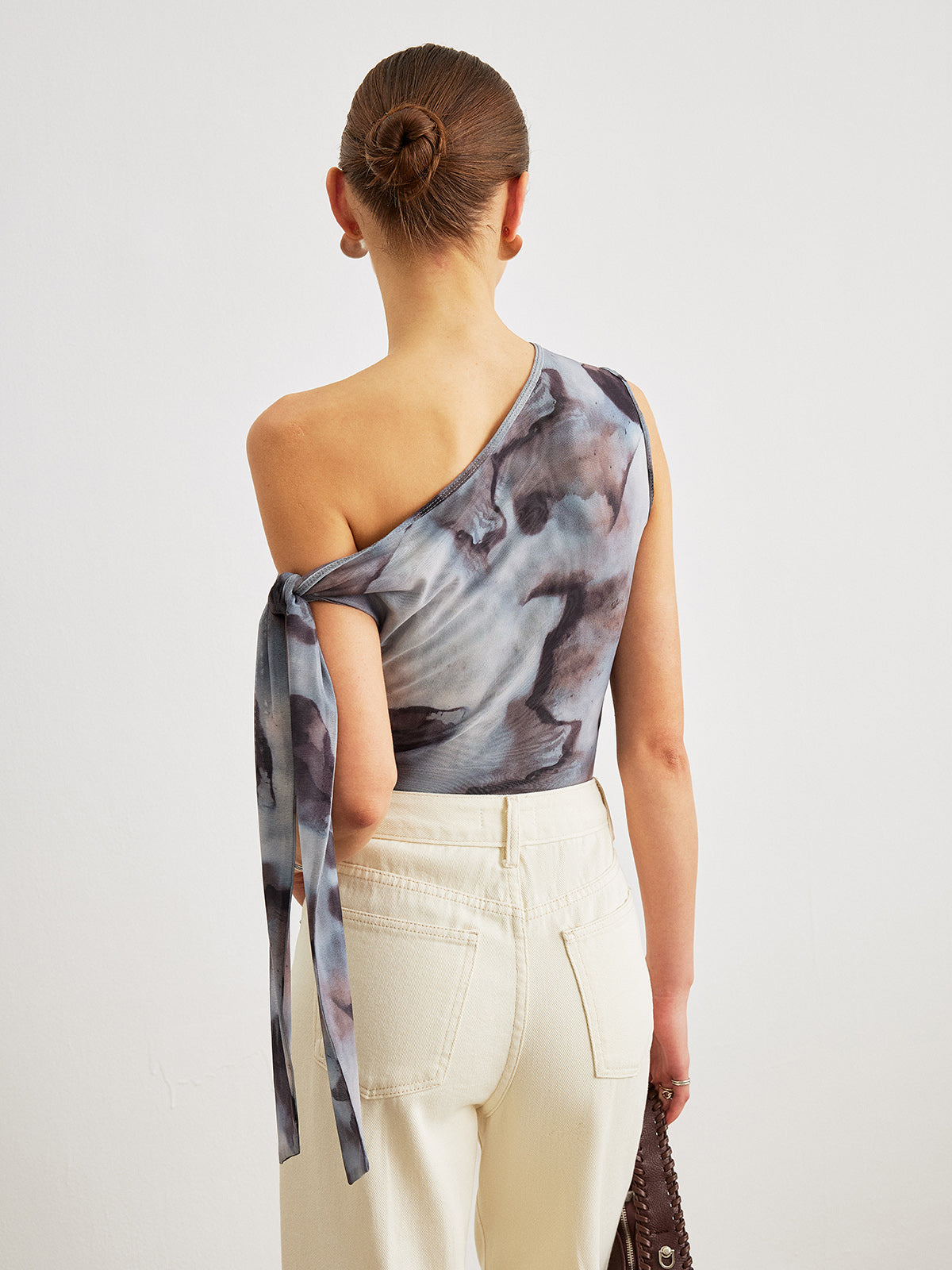 Boho Print Asymmetrisk Halsringning Mesh Draperad Blus