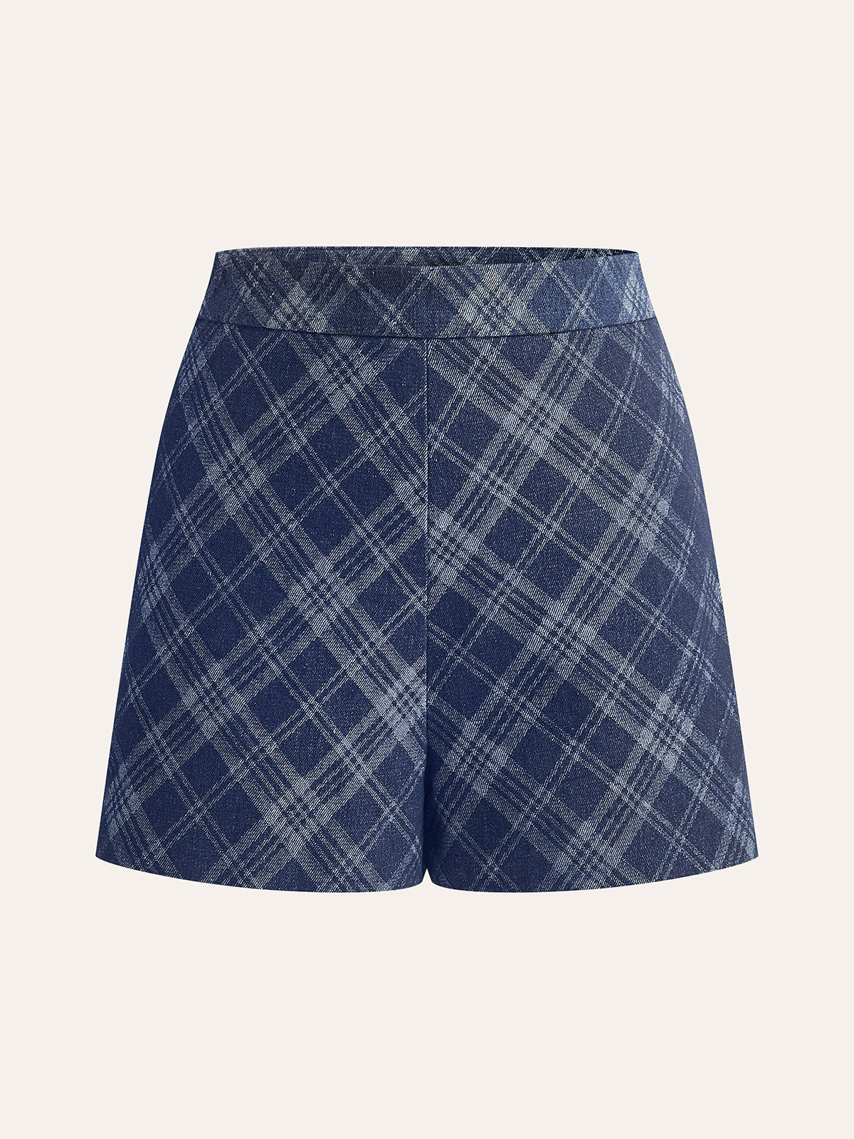 Rutiga Mönstrade Jeansshorts Med Mellanhög Midja