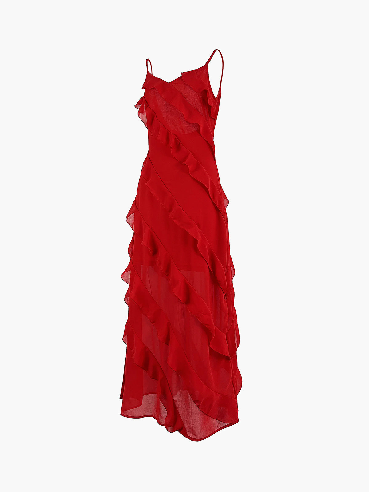 Halbtransparentes, langes Kleid mit Rüschen und Reißverschluss