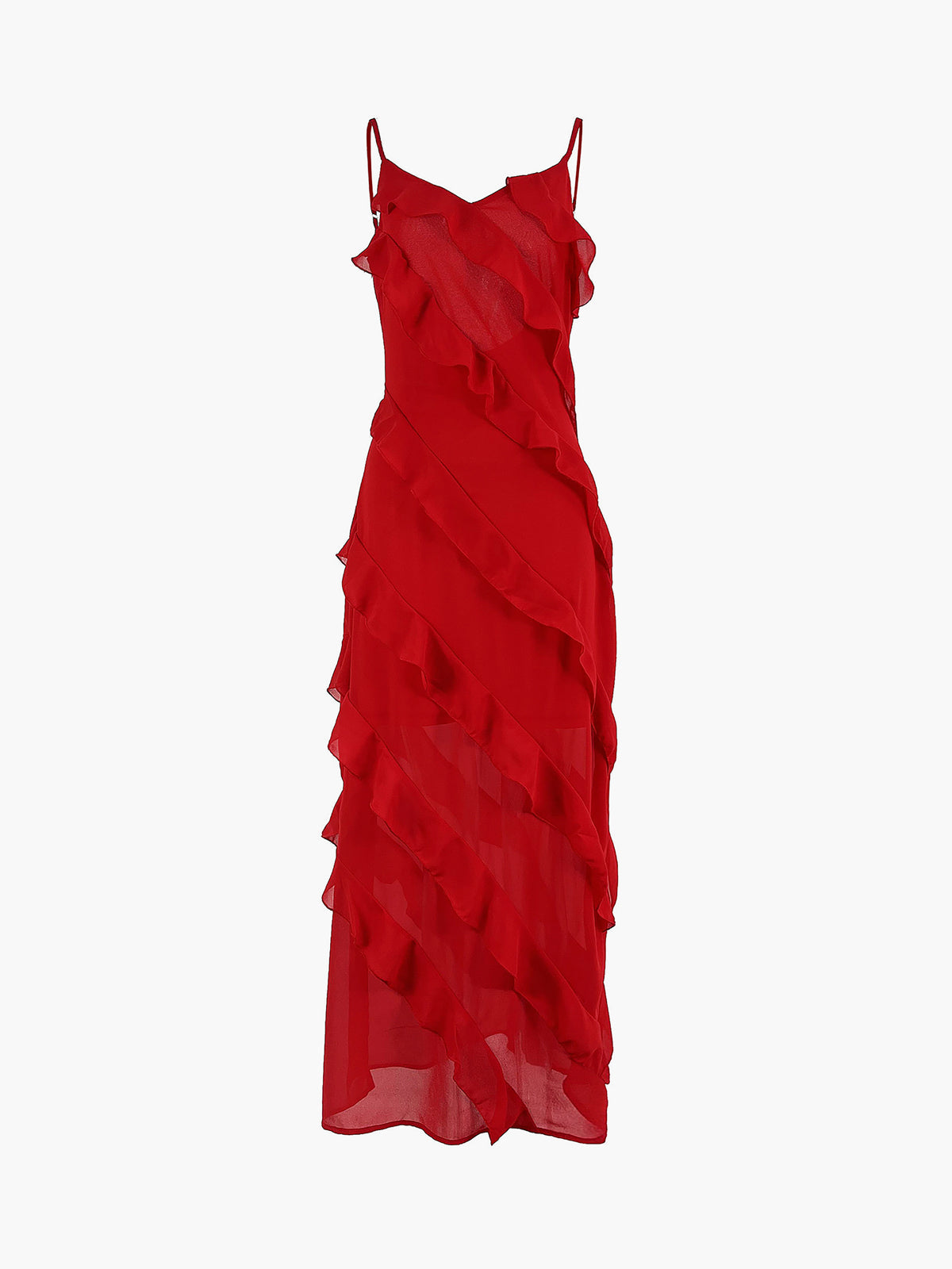 Halbtransparentes, langes Kleid mit Rüschen und Reißverschluss
