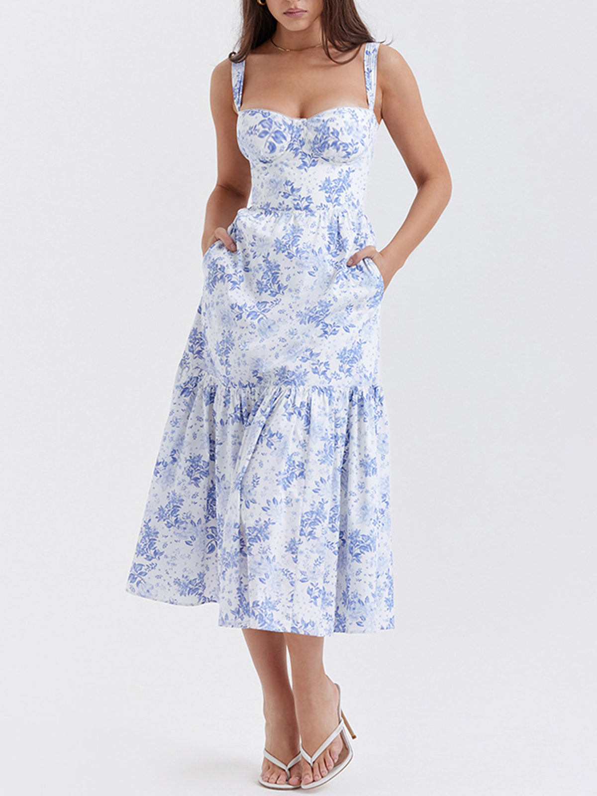 Vergissmeinnicht Langes Kleid mit Blumenmuster, Taschen und Reißverschluss 