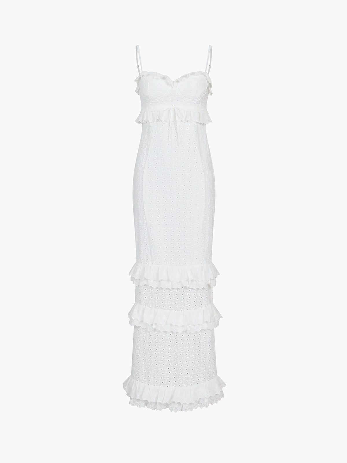 Langes Kleid mit Körbchendetail, Rüschen und Ösen 