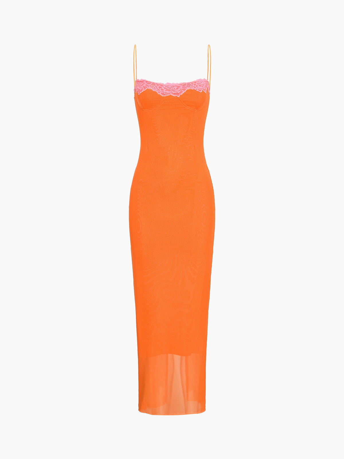 Langes Kleid mit halbtransparentem Netzstoff und Spitzenbesatz 
