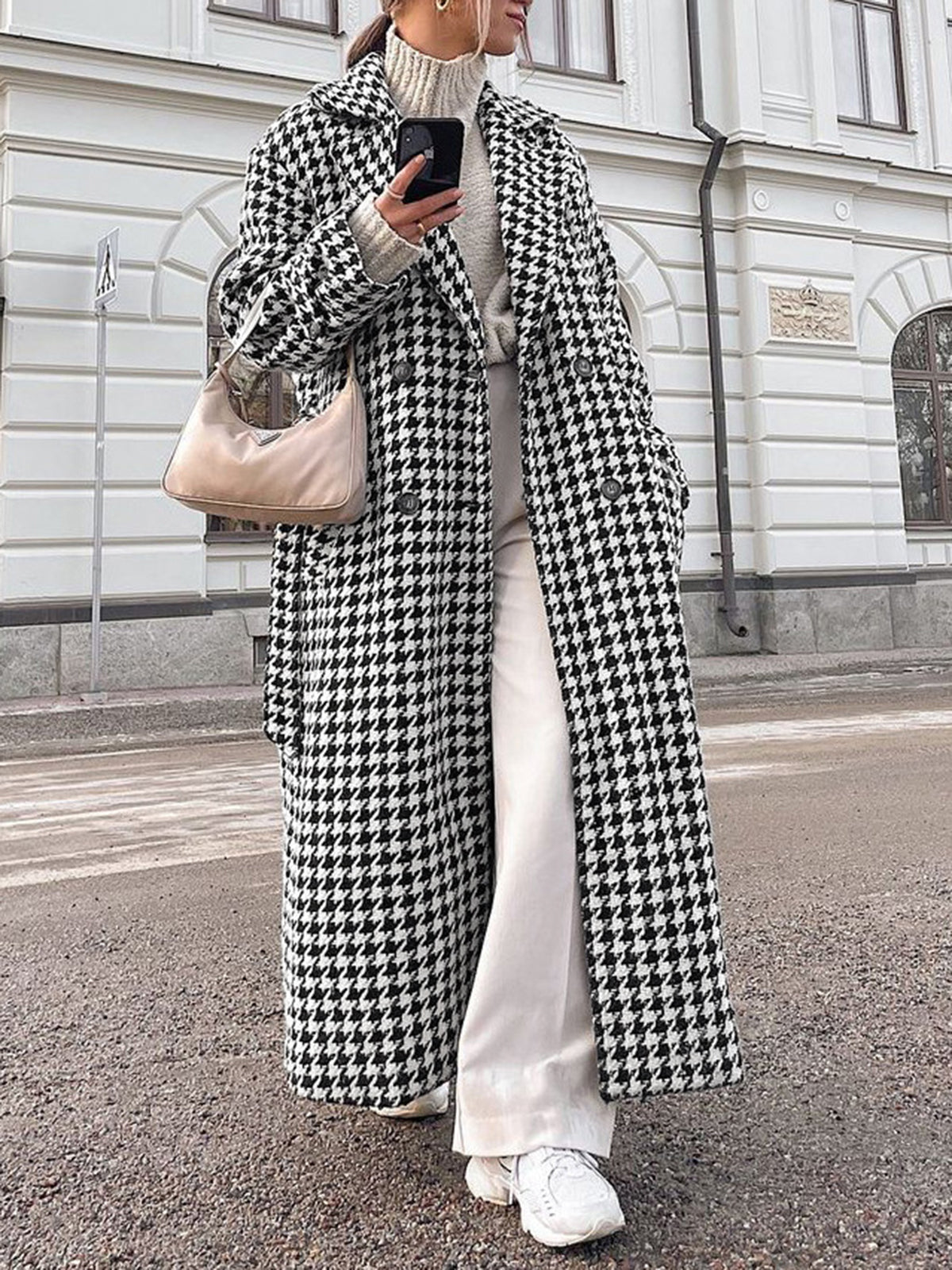 Överdimensionerad hundtandsmönstrad tweed trenchcoat 