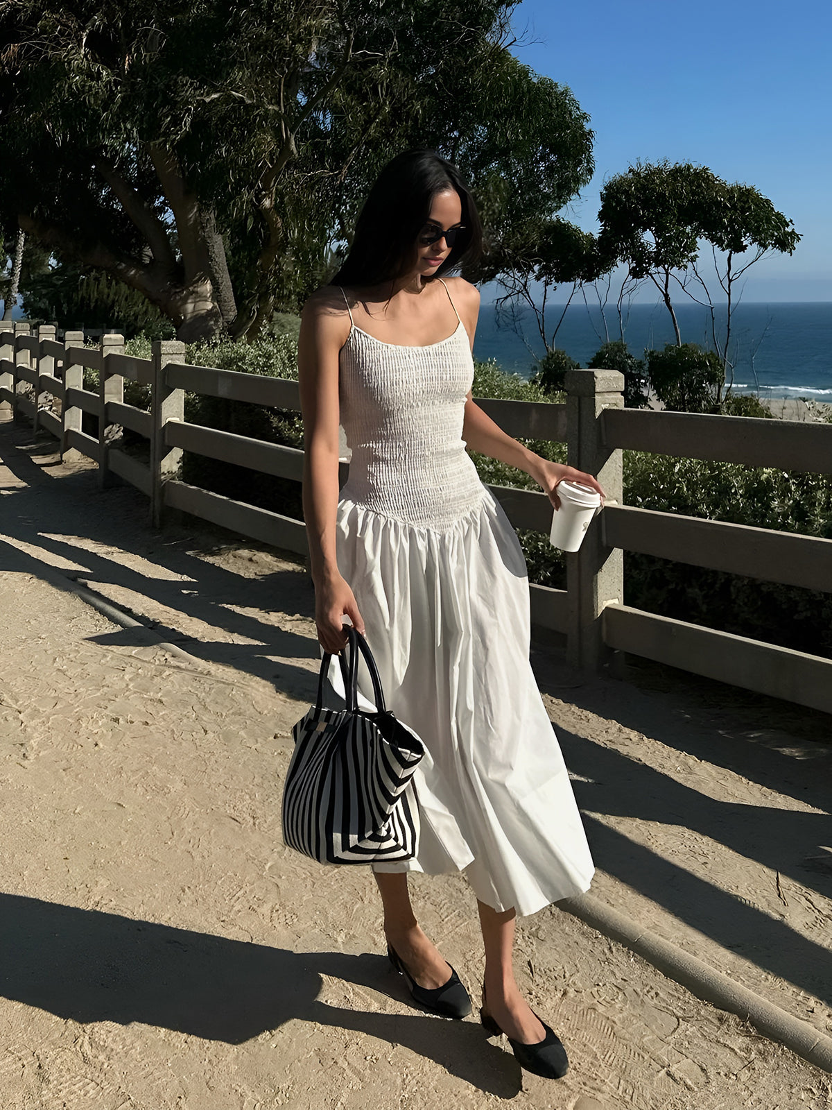 Gerafftes Camisole-Midikleid aus Baumwollmischung 