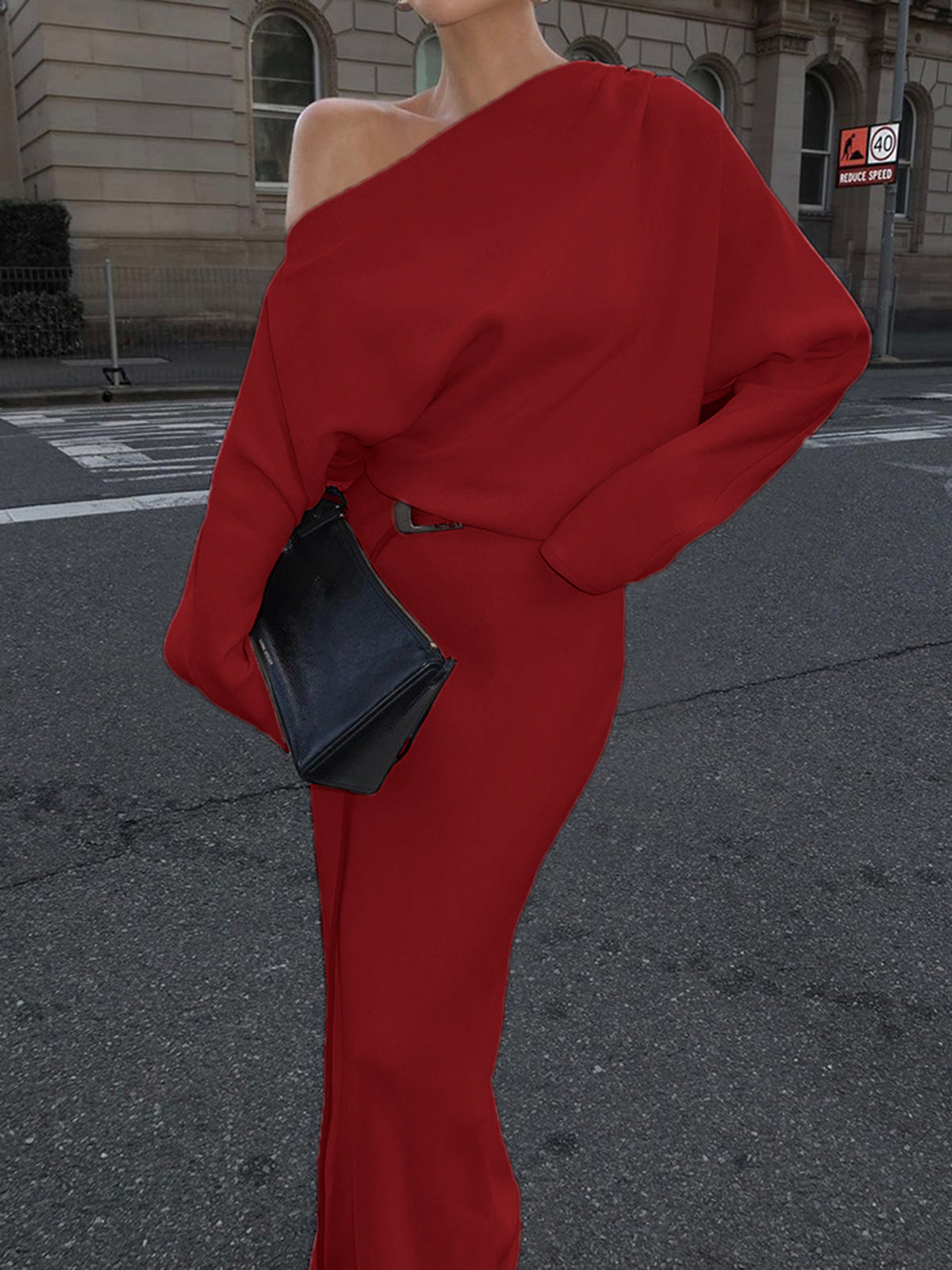 Asymmetrisk Off Shoulder Enfärgad Långärmad Maxiklänning 