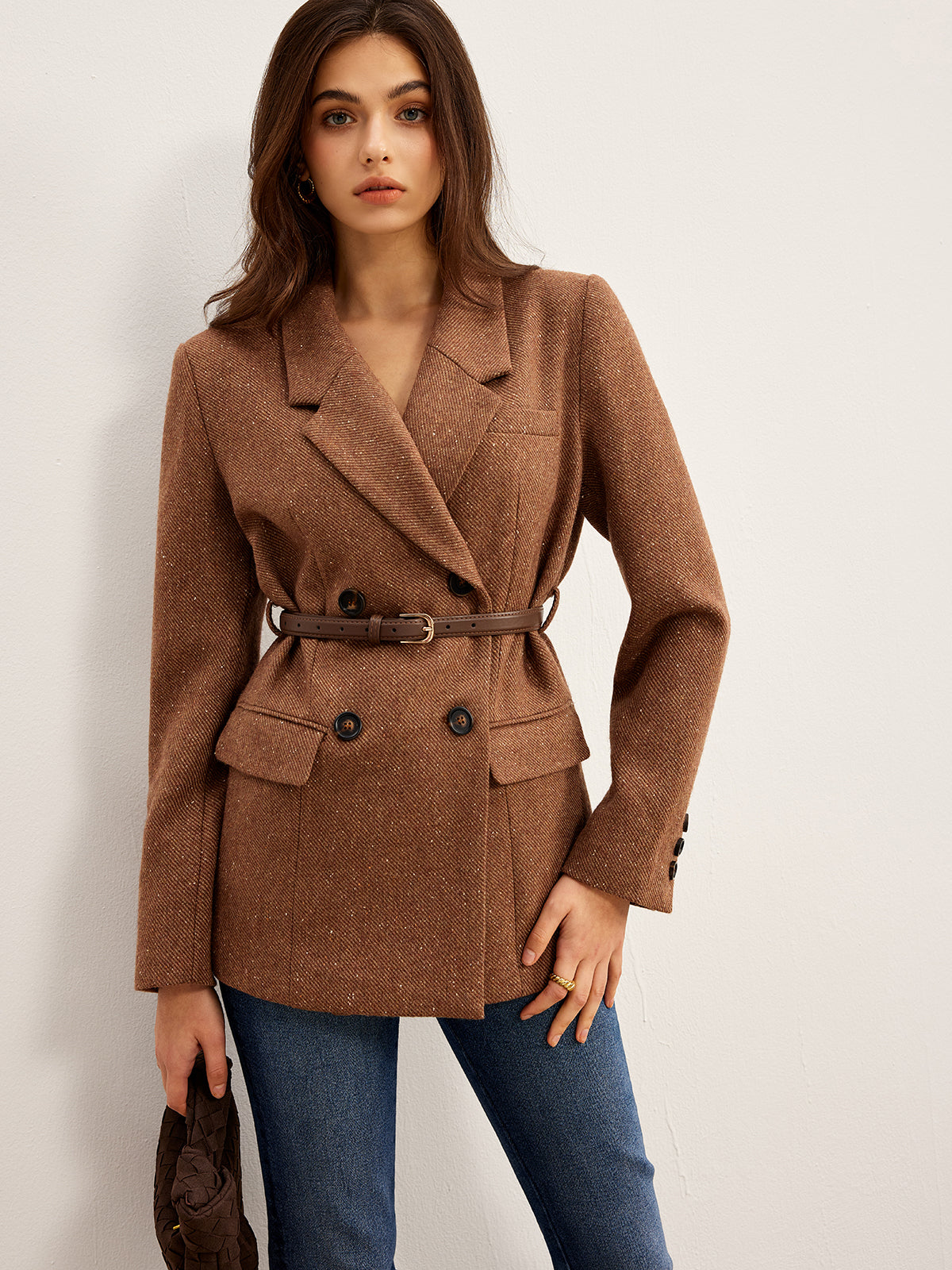 Strukturierter Blazer aus Wollmischung mit Gürtel 