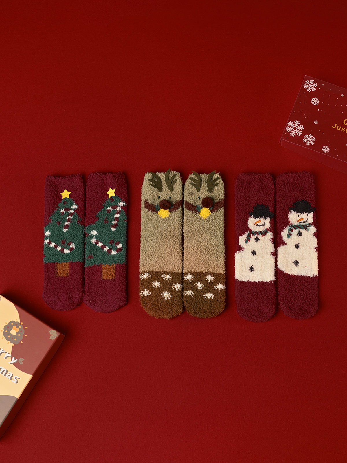 3er-Pack Weihnachtssocken aus Korallensamt mit Box 