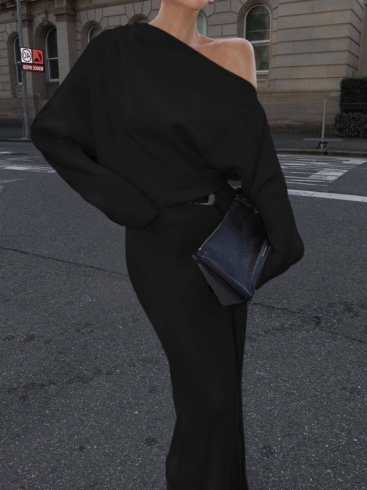 Asymmetrisk Off Shoulder Enfärgad Långärmad Maxiklänning 