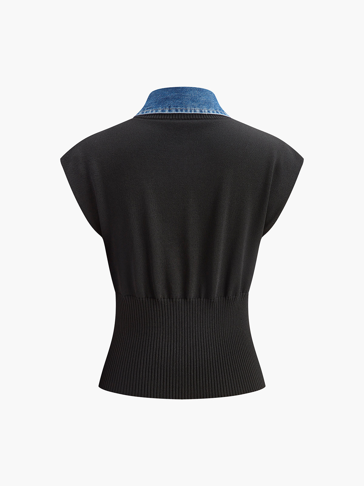 Ribbad stickad topp med denimkrage 