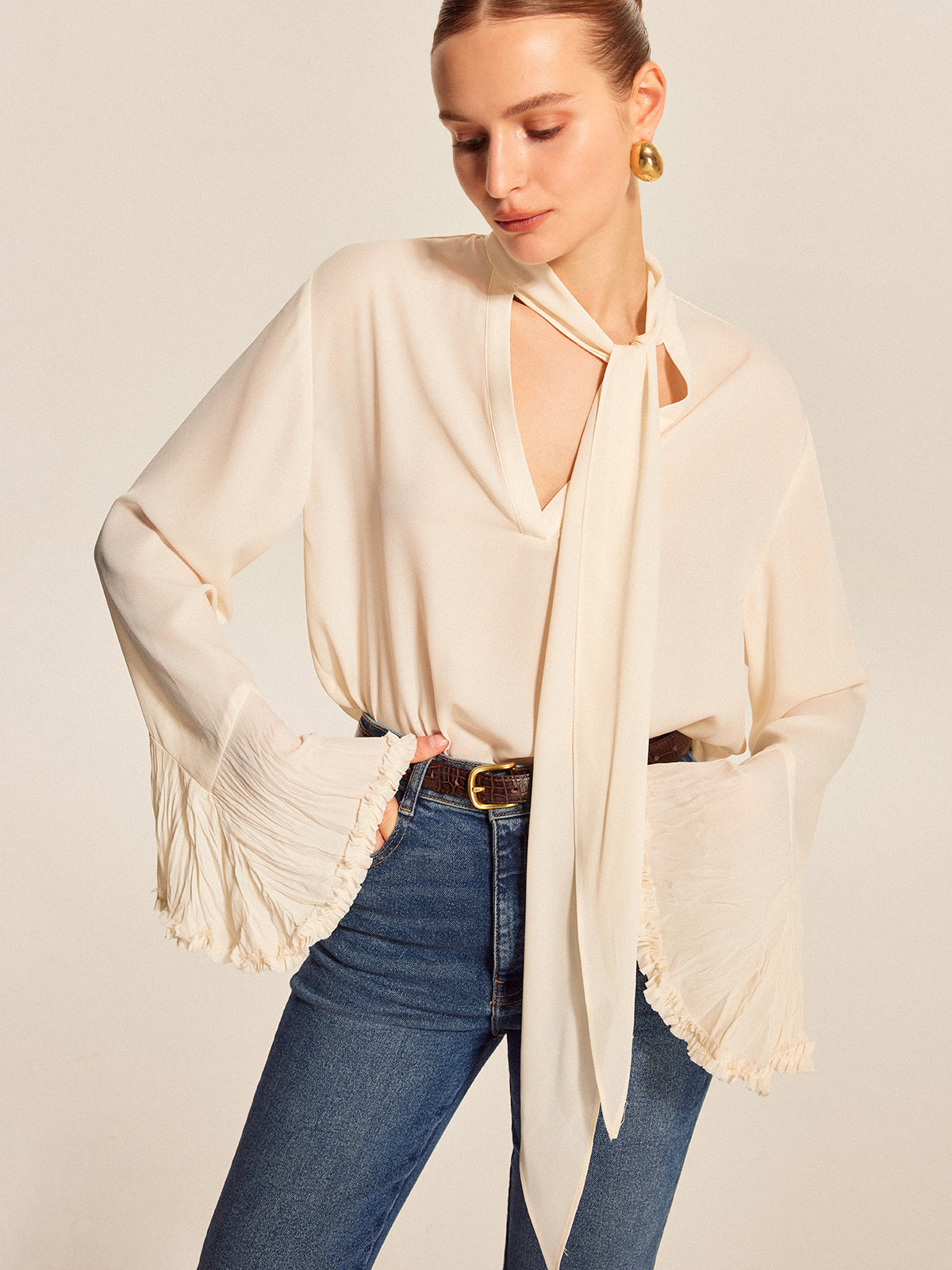 Halvtransparent chiffongblus med fluga och plisserad manschett 