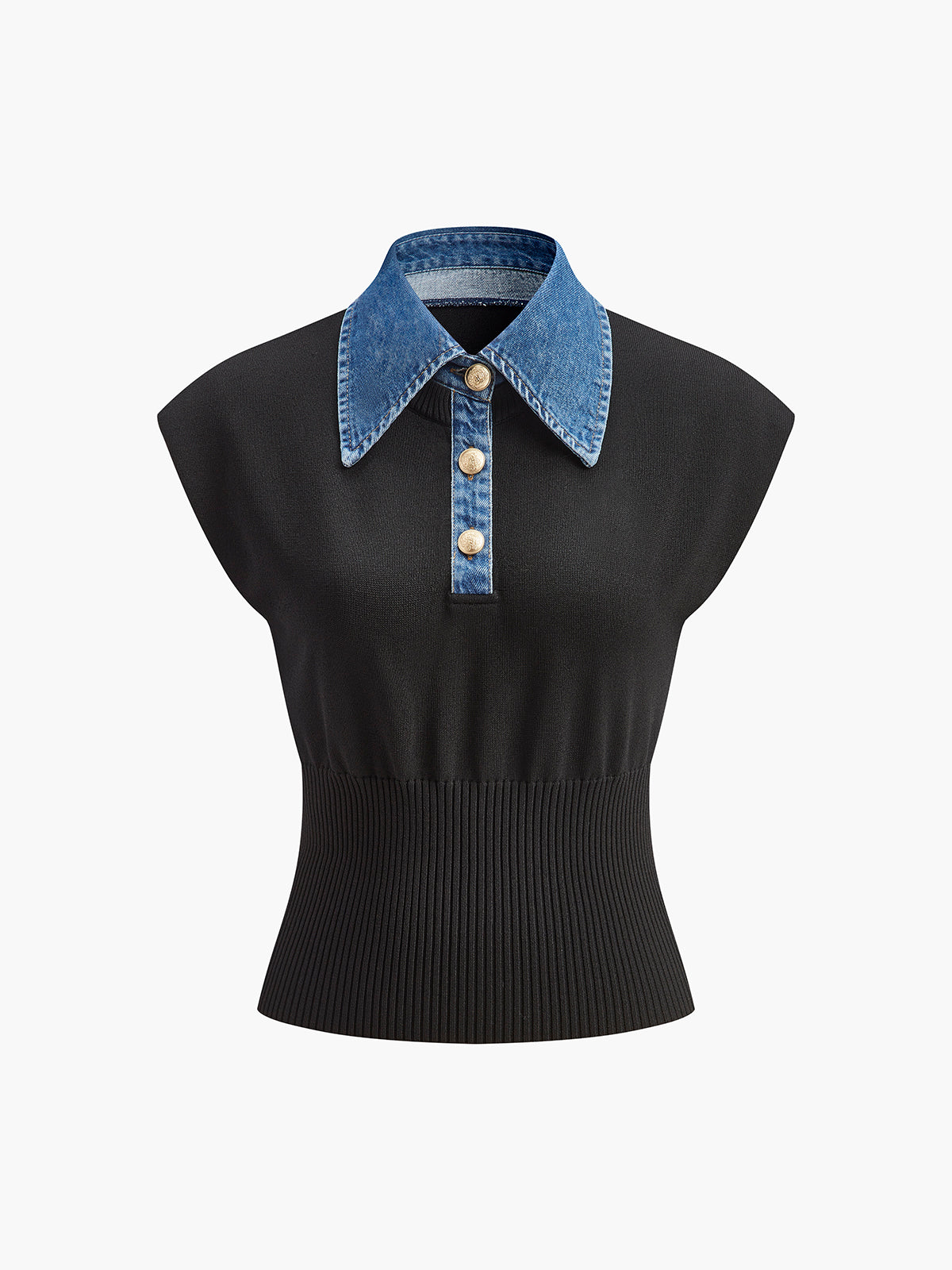 Ribbad stickad topp med denimkrage 