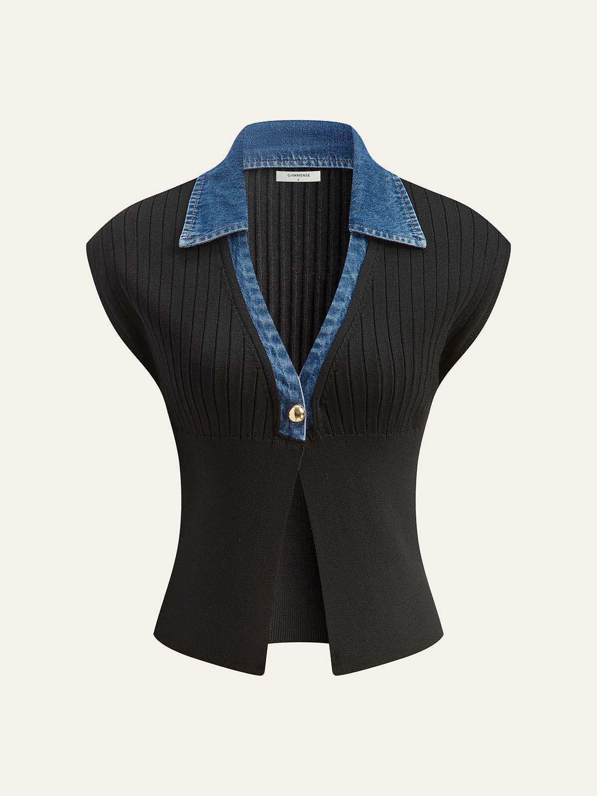 Ribbad stickad topp med denimdetaljer 