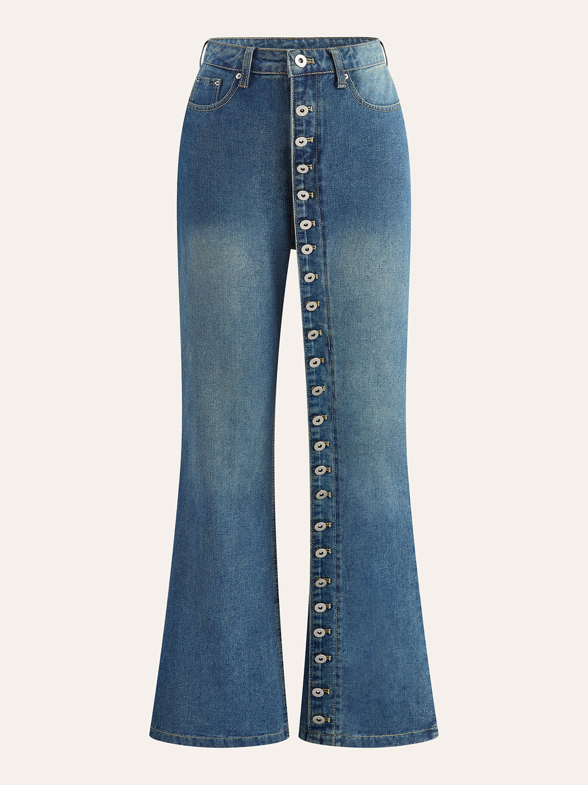 Flare-Jeans aus Denim mit mittelhohem Bund, Knopfverschluss und Dekor 