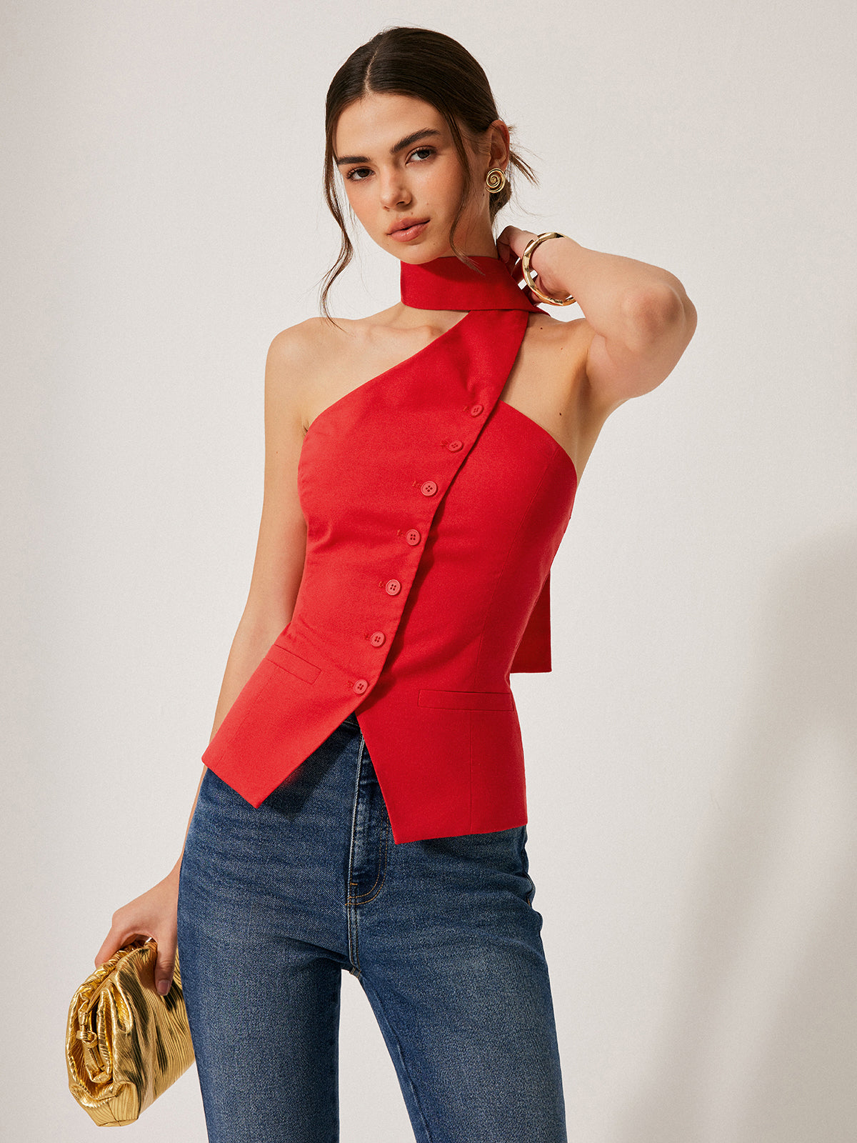 Neckholder-Top aus Baumwolle und Leinen mit dekorativen Taschen 