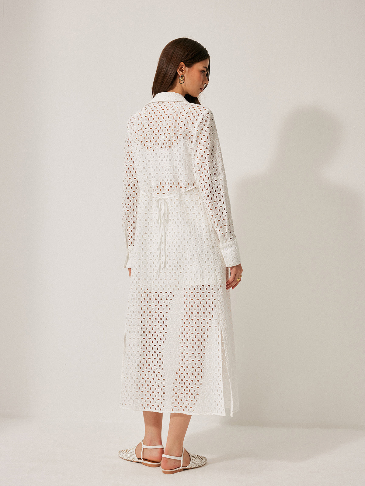 Cotton Hollow Panel Tie Back Lapel Dress