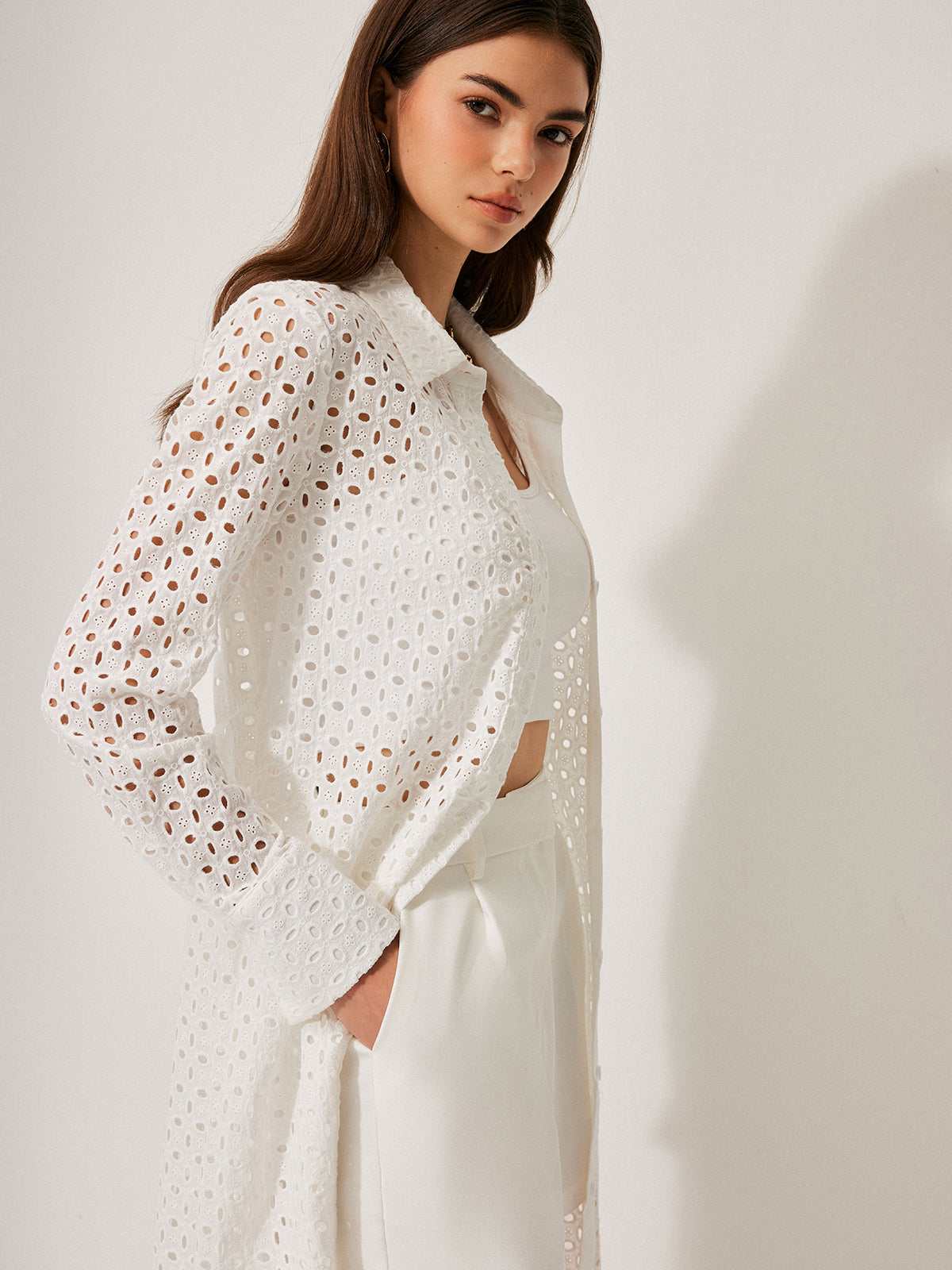 Cotton Hollow Panel Tie Back Lapel Dress