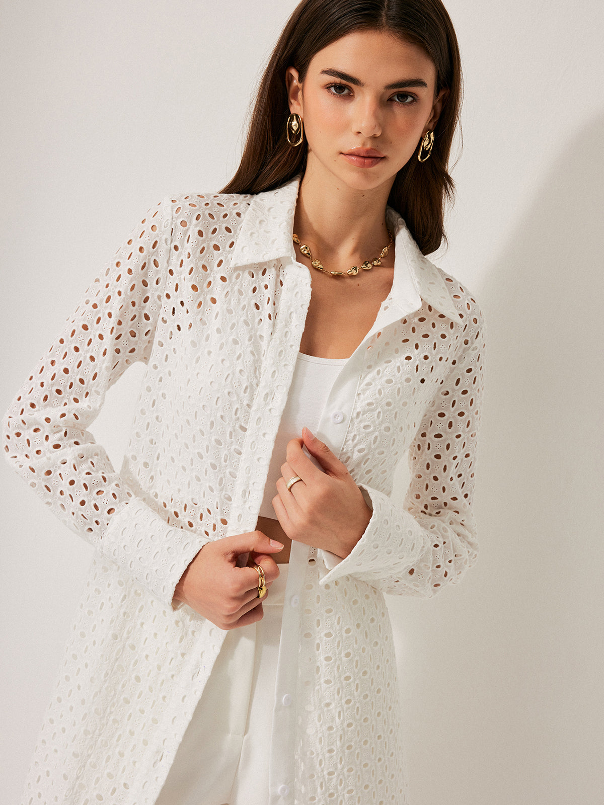 Cotton Hollow Panel Tie Back Lapel Dress