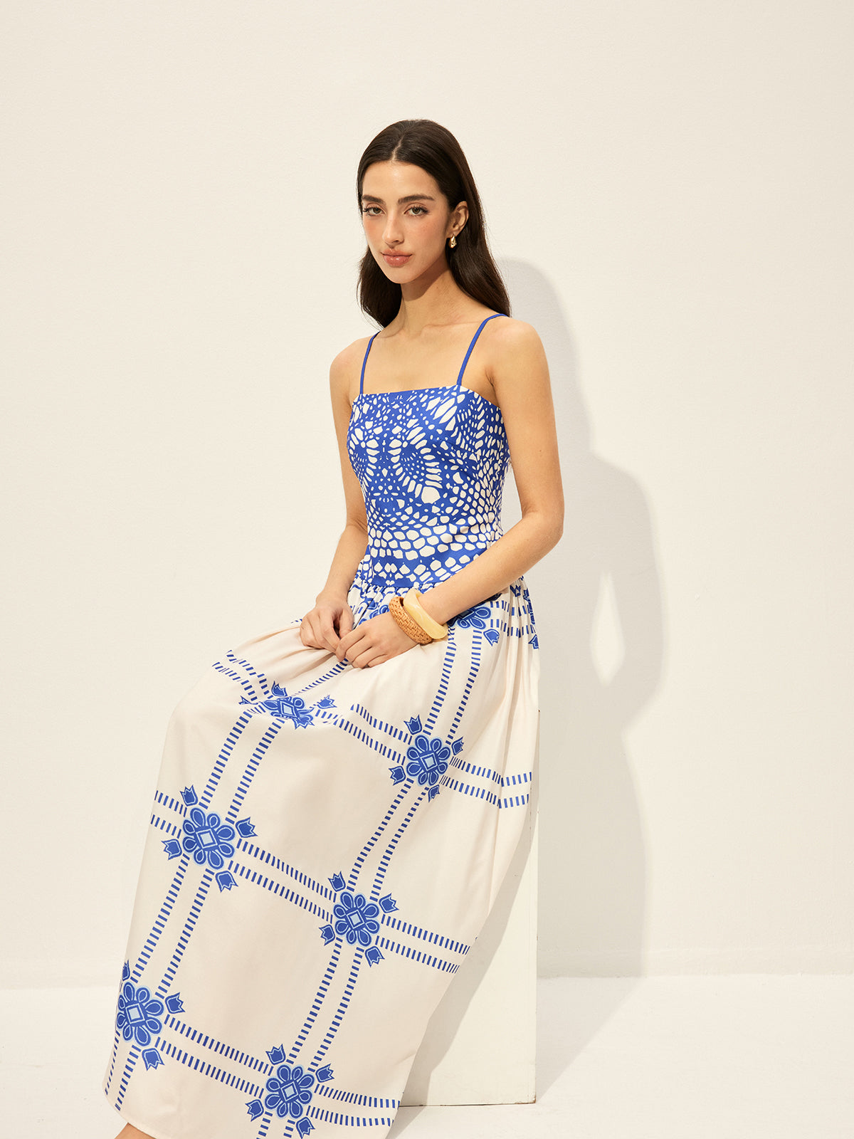 Bedrucktes, verstellbares Kleid mit Spaghettiträgern und Reißverschluss 