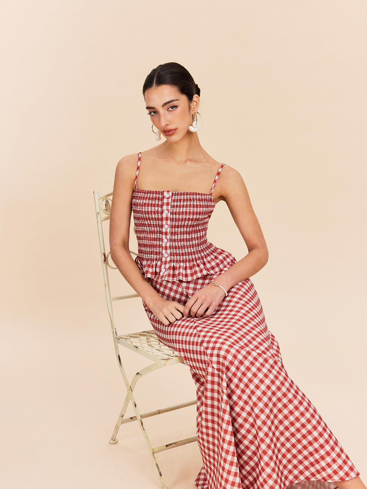 Gingham Smockad Peplum Cami Topp 