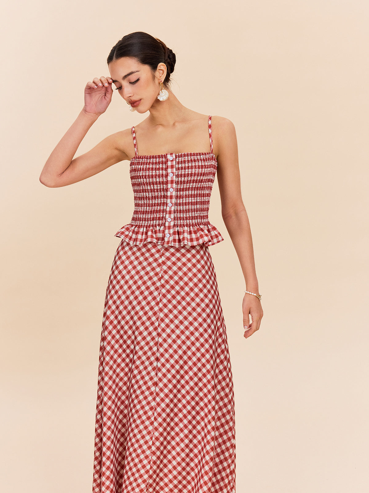 Gingham Smockad Peplum Cami Topp 