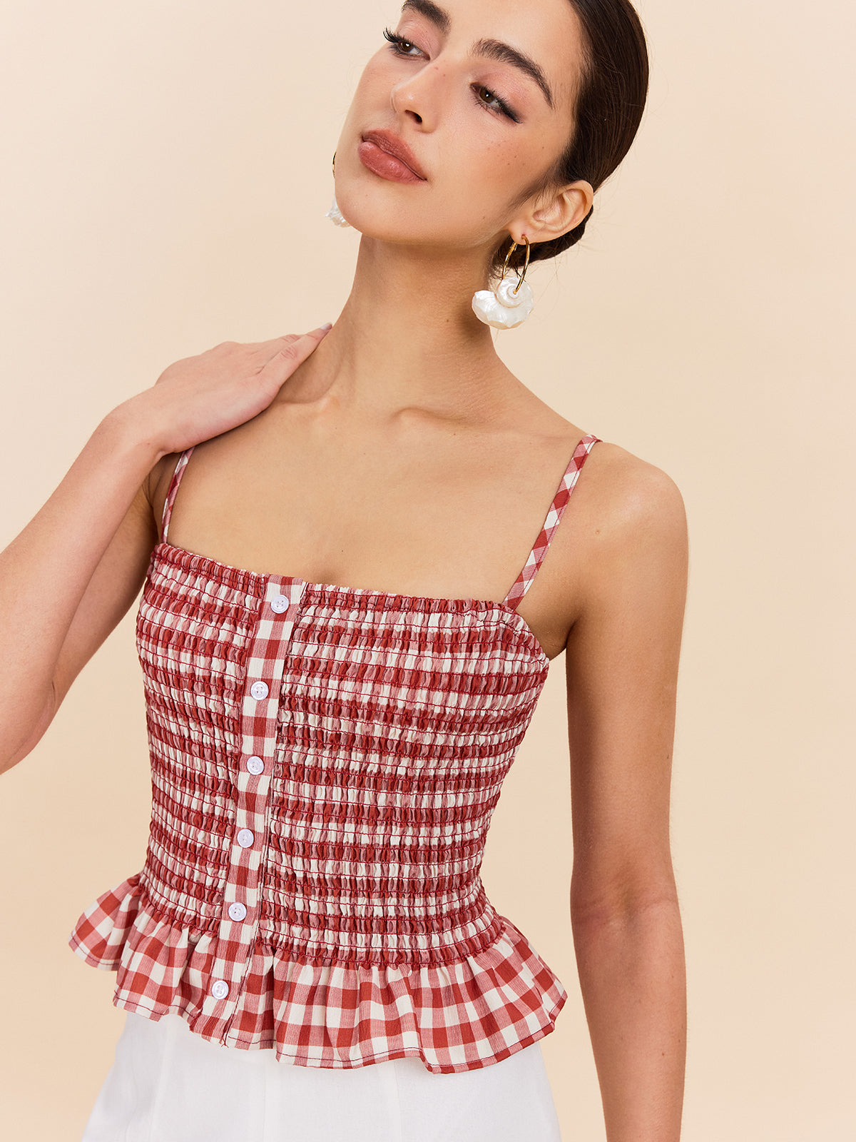 Gingham Smockad Peplum Cami Topp 