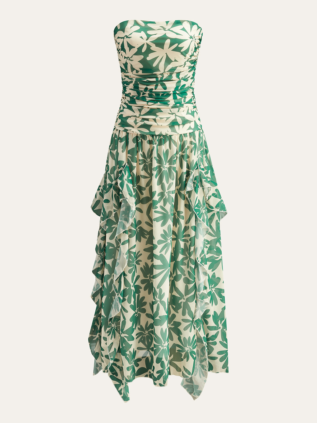 Trägerloses Kleid mit Blumenmuster und Rüschendetail 