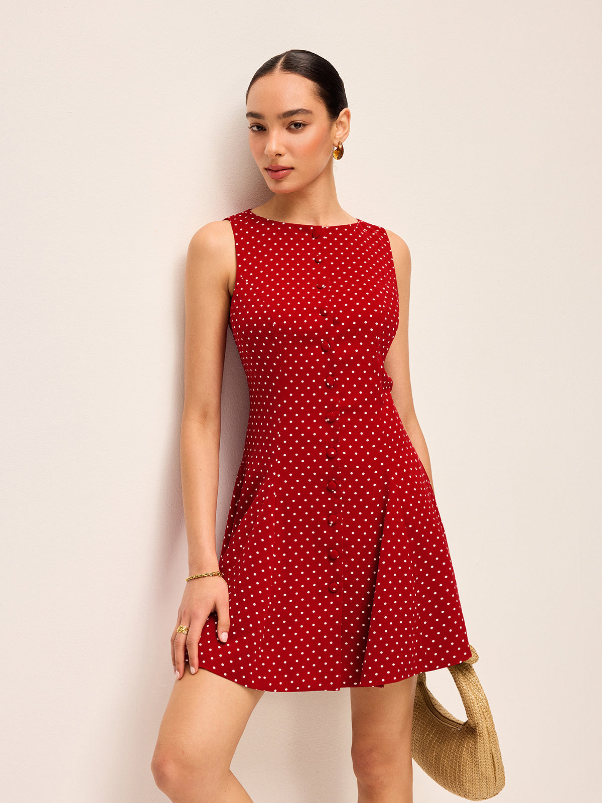 Ärmelloses Kleid mit Polka Dots und Bindeband am Rücken 