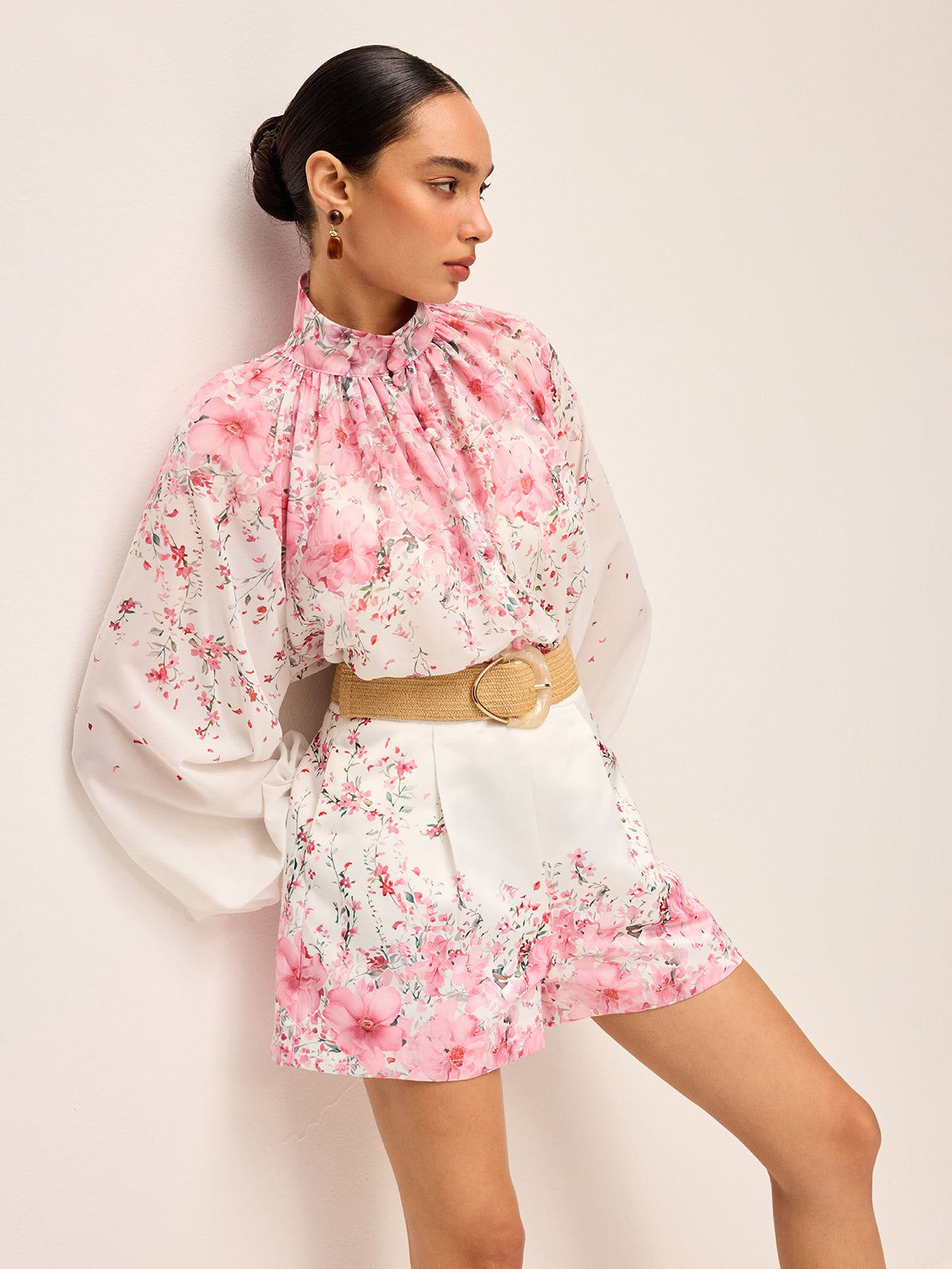 Plissierte Shorts-Set mit Blumendruck ohne Gürtel 