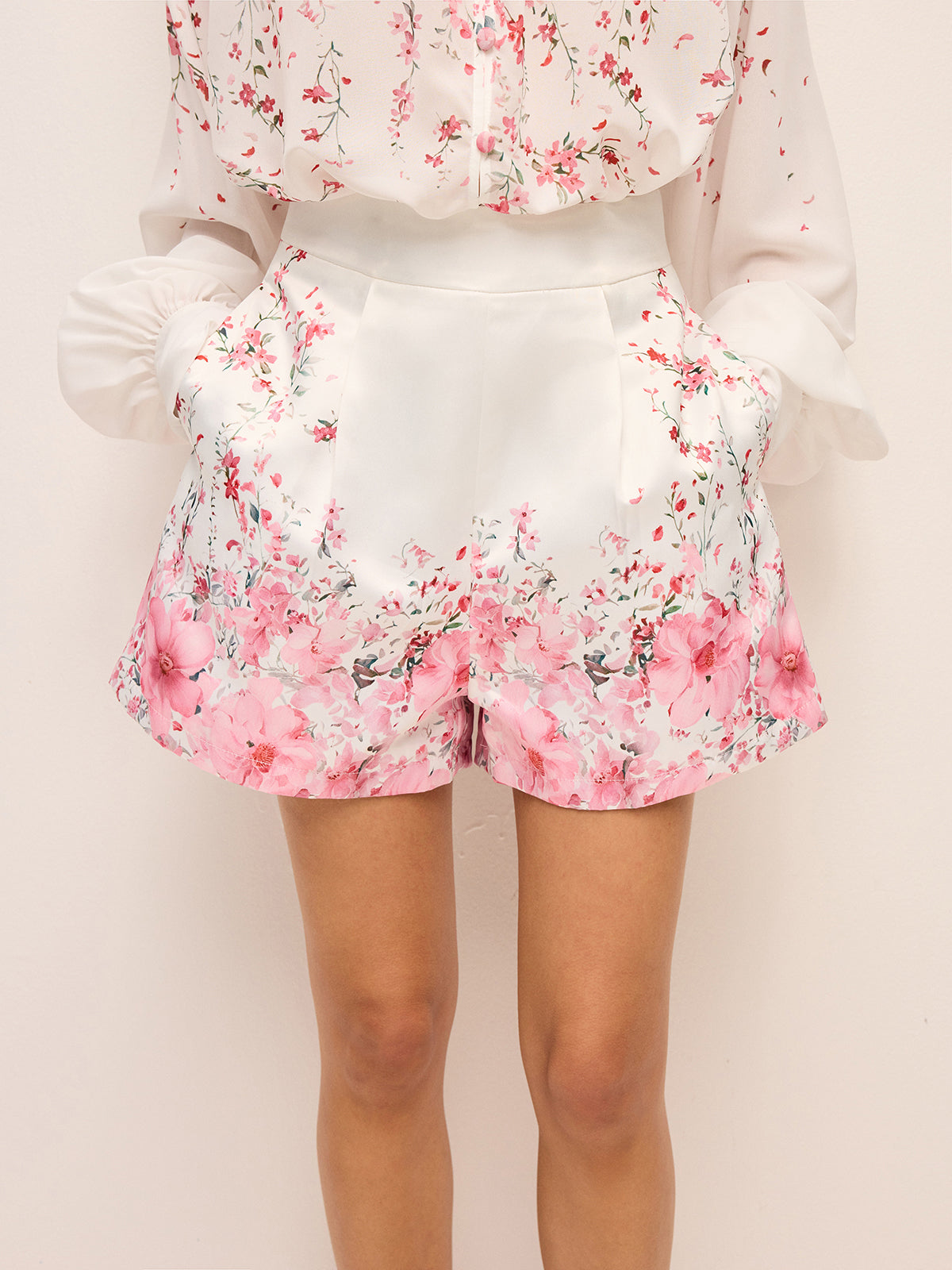 Blommigt Plisserade Shorts Set Utan Bälte 